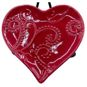 Red Heart Shaped Ceramic Plate Embossed Scroll Dish Food Safe